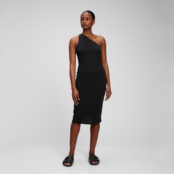 GAP one shoulder midi dress black ribbed ST NWT - Picture 1 of 3